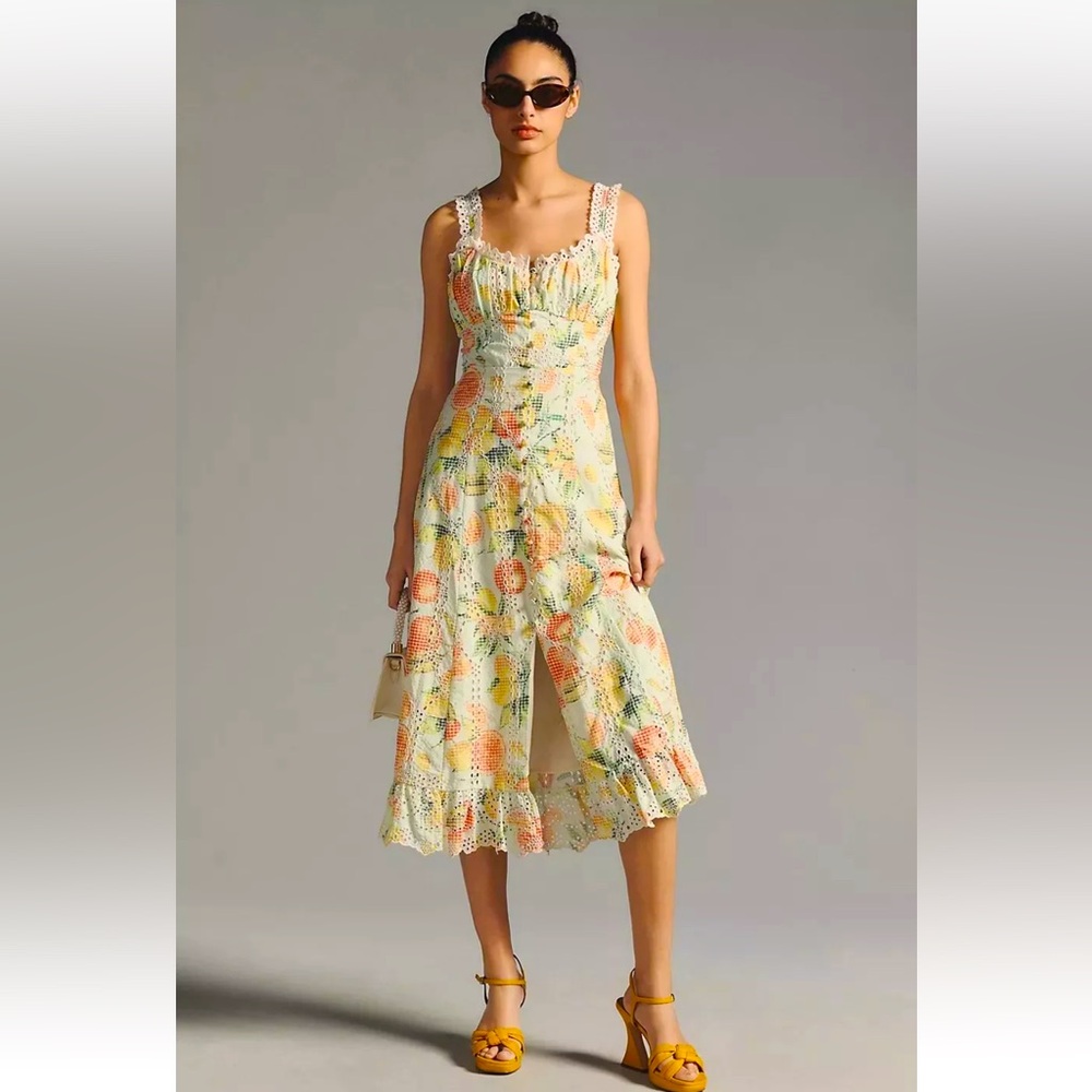 Anthropologie Ruffled Lemon Orange Fruit Eyelet Dress